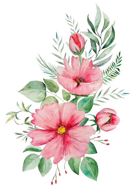 Watercolor pink flowers and green leaves bouquet illustration isolated