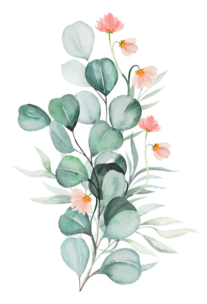 Watercolor pink flowers and green leaves bouquet illustration isolated