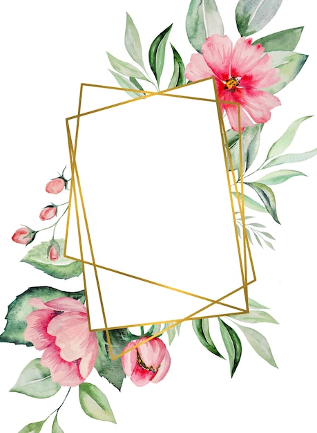 수채화 분홍색 꽃과 녹색 잎 프레임 카드, 결혼식 문구, 인사말, 벽지, 패션, 포스터를 위한 낭만적인 파스텔 그림