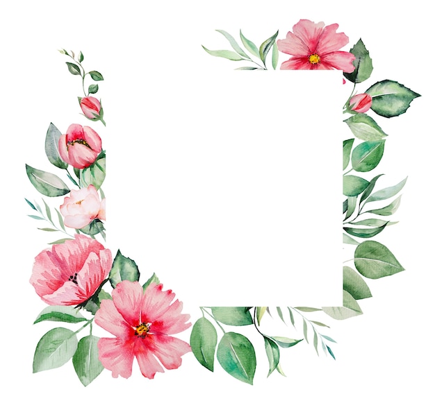 Watercolor pink flowers and green leaves Illustrations isolated