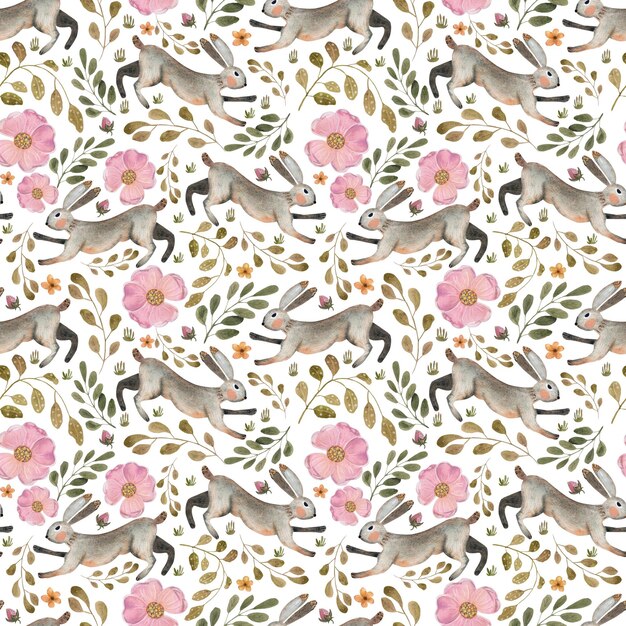 Watercolor pink flowers and a hare Seamless pattern