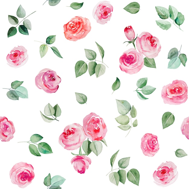 Watercolor pink flowers and leaves seamless pattern illustration isolated