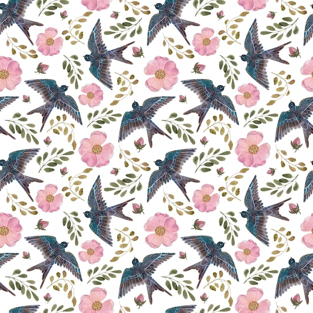 Watercolor pink flowers and swallow bird Seamless pattern