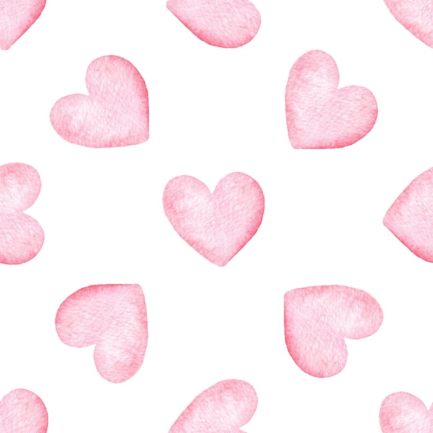 Watercolor pink hearts seamless pattern on white background