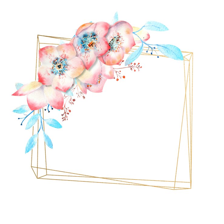 Photo ゴールドのポリゴンフレームに水彩ピンクヘレボルスの花