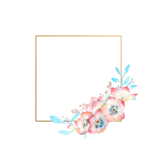 黃金方形框架上的水彩粉紅色<unk>花