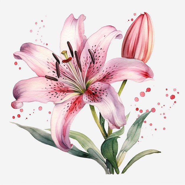 Watercolor pink lily isolated on a white background
