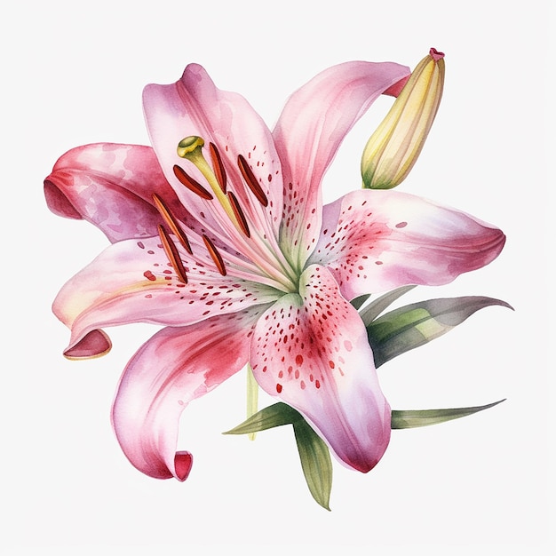 Watercolor pink lily isolated on a white background