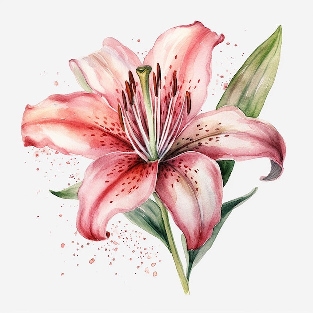 Watercolor pink lily isolated on a white background