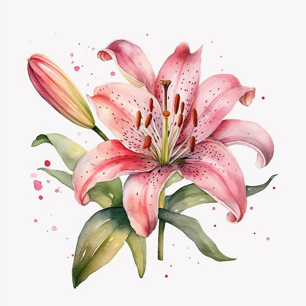 Watercolor pink lily isolated on a white background