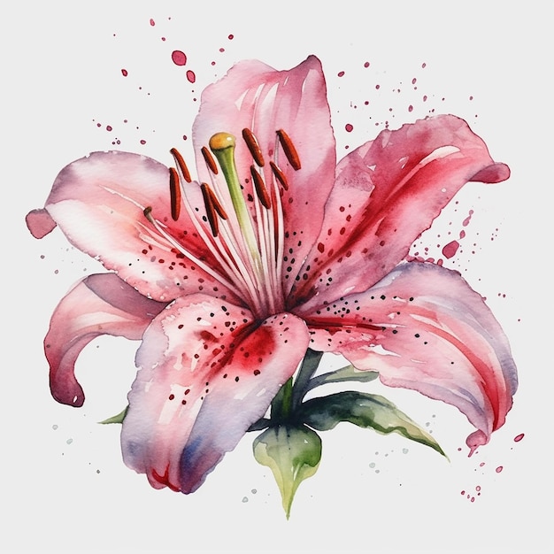 Watercolor pink lily isolated on a white background