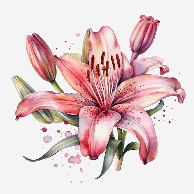 Watercolor pink lily isolated on a white background