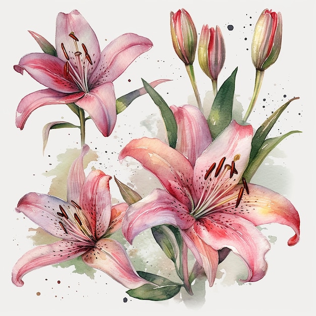 Watercolor pink lily isolated on a white background