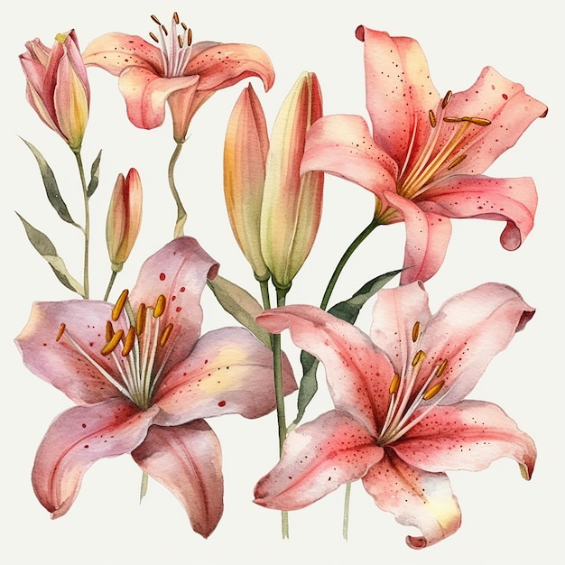 Watercolor pink lily isolated on a white background