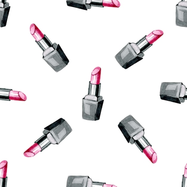 Watercolor pink lipstick seamless pattern on white