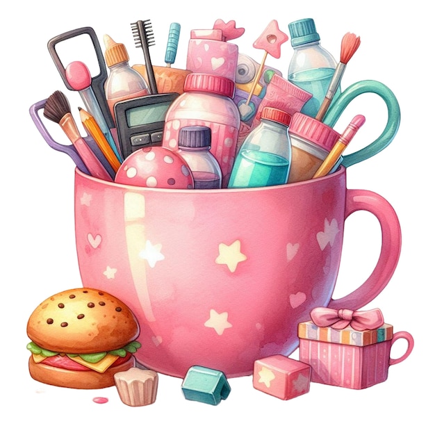 Watercolor Pink Mug with Various Items