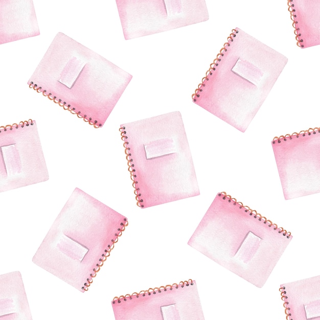 Watercolor pink notebooks seamless pattern on white background