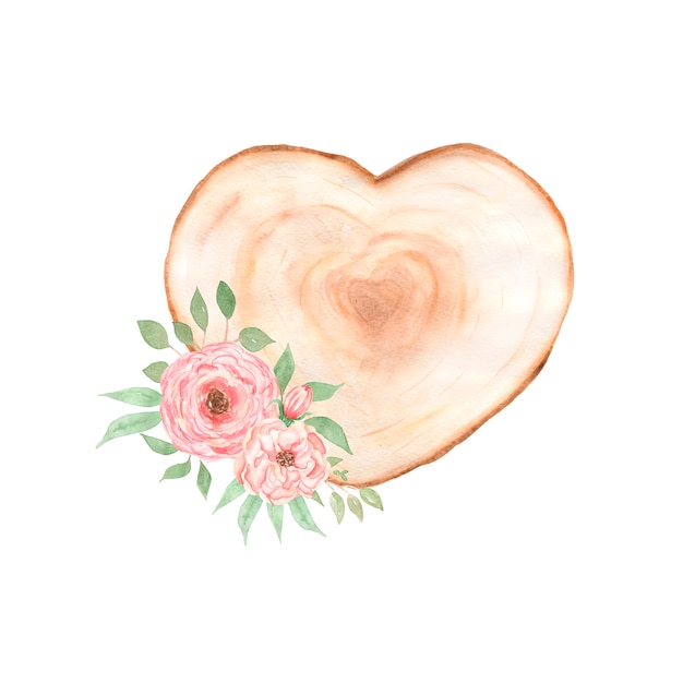 Watercolor pink peony frame and wood slice