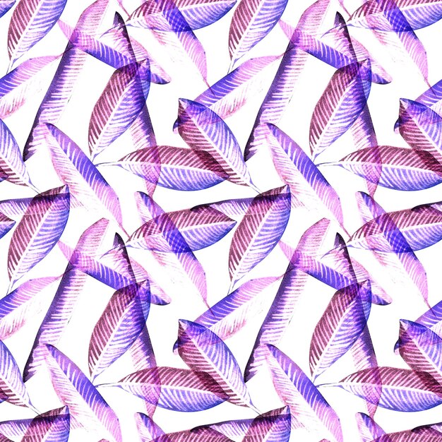 Foto modello di rami di palma acquerello rosa e viola texture senza cuciture con foglie dipinte a mano isolate su sfondo bianco fluorescente