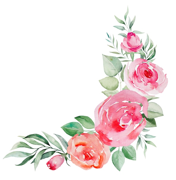 Watercolor pink and red roses flowers and leaves bouquet