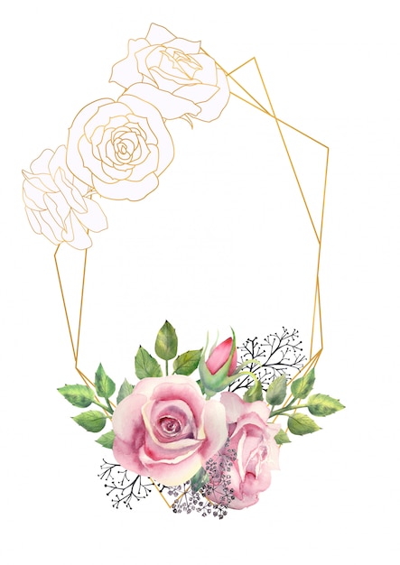 Watercolor Pink rose flowers, green leaves, berries in a gold geometric frame