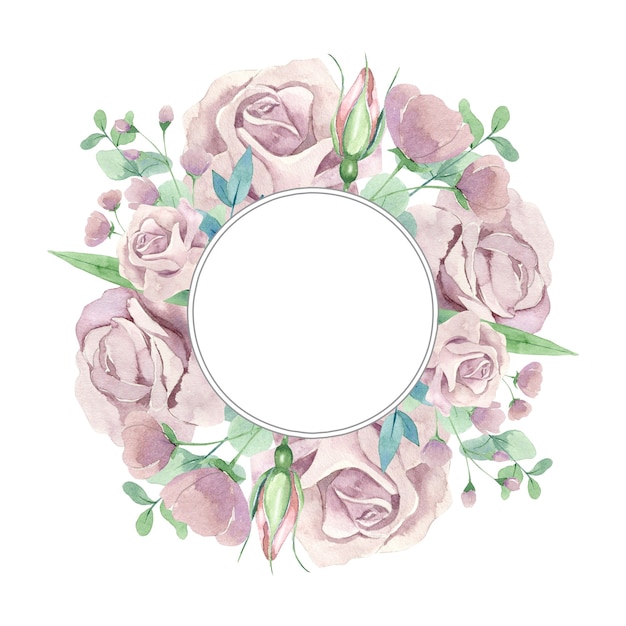 Watercolor pink roses floral round frame isolated on white background