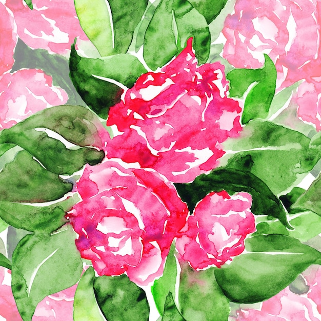 Watercolor pink roses flowers leaves floral composition seamless pattern