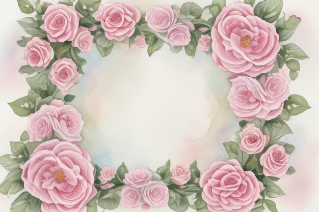 Watercolor pink roses and leaves frame on white background with space for text Floral wreath