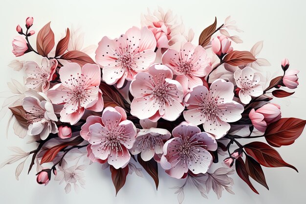 watercolor pink sakura flowers on a white aesthetic background Ai generative art