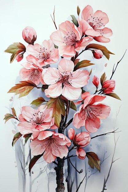 watercolor pink sakura flowers on a white aesthetic background Ai generative art