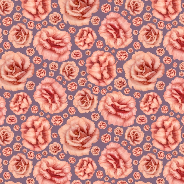 watercolor pink seamless pattern with eustoma with peach fuzz color for valentines day wedding