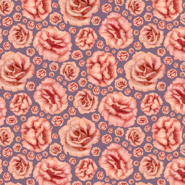 Watercolor pink seamless pattern with eustoma with peach fuzz color for Valentines Day wedding