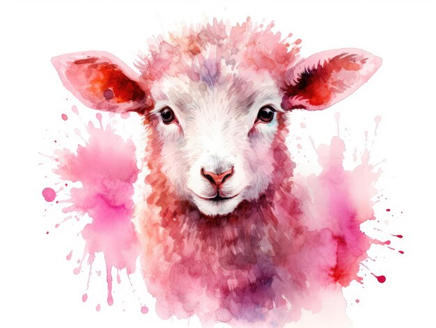 Watercolor Pink Sheep Portrait Isolated Color Aquarelle Lamb Creative Watercolor Red Sheep on White Background Ram Drawing Generative AI Illustration