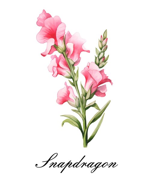 Watercolor pink single snapdragon flower Watercolor botanical illustration isolated