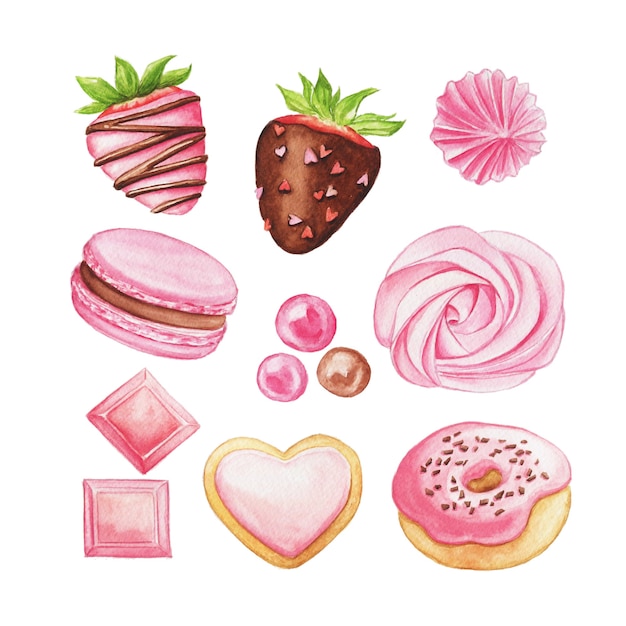 Dolci rosa dell'acquerello. insieme disegnato a mano di caramelle e pasticcini