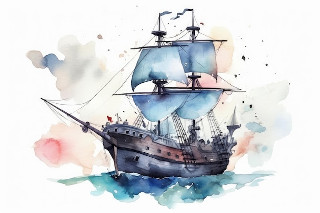 Watercolor pirate ship for a on Birthday adventure on white background AI generated