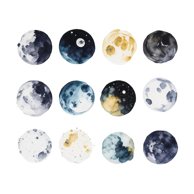 Watercolor planets and moon phases isolated on white background