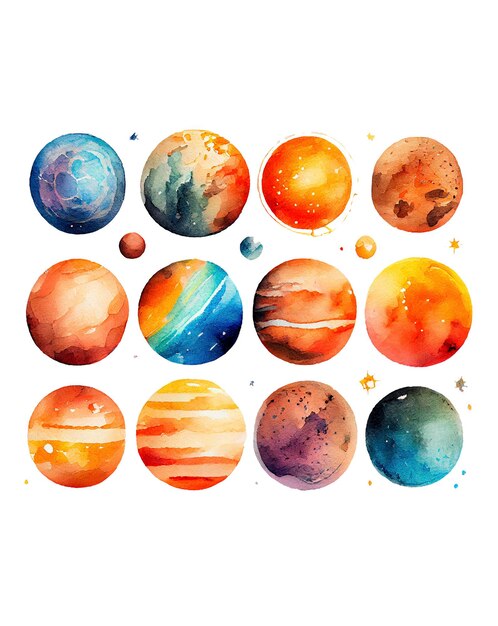 Watercolor planets of the Solar System Mercury Venus Earth Mars Jupiter Saturn Uran Neptune Sun