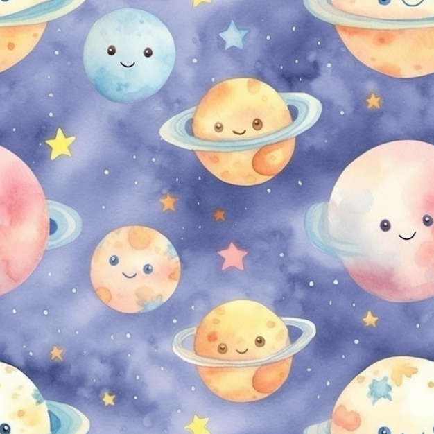 Watercolor planets and stars on a purple background