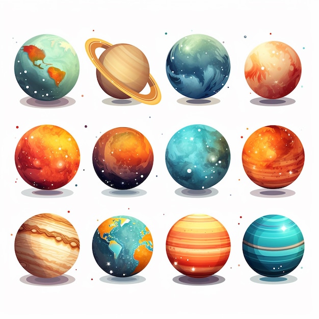 A watercolor planets on white background