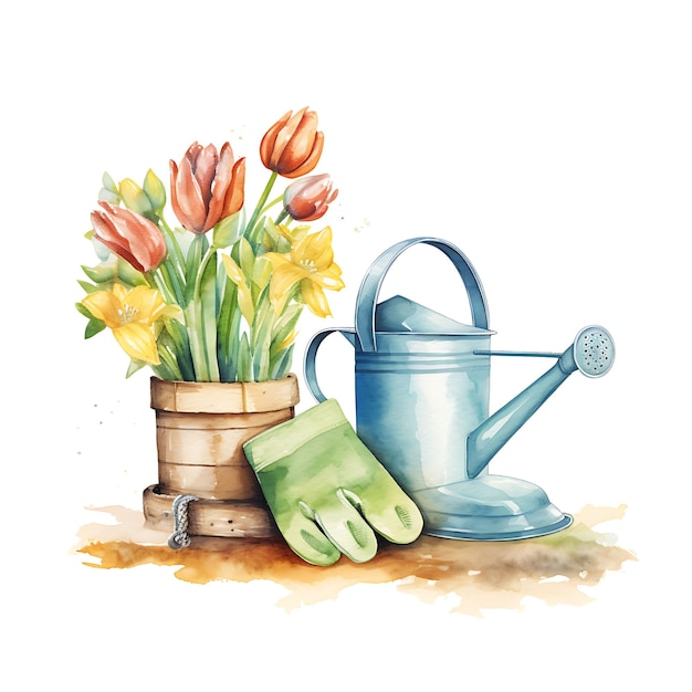 Photo watercolor of planter watering can garden gloves hat dutch windmills water on white background 2d