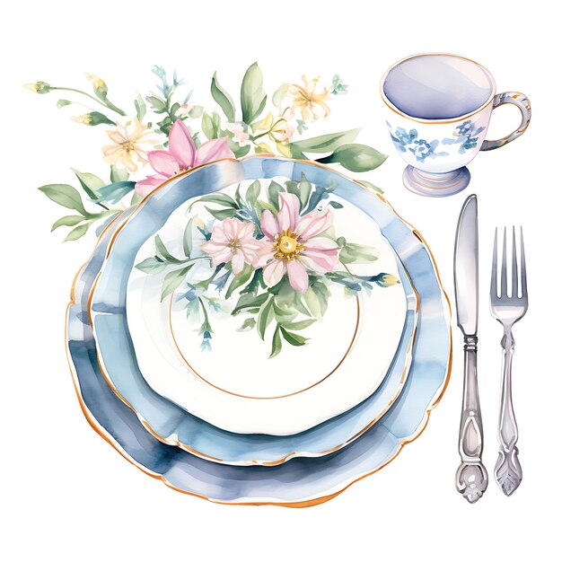 Watercolor of Plates Cups Cutlery Napkins English Garden Party Watercolor on White Background 2D