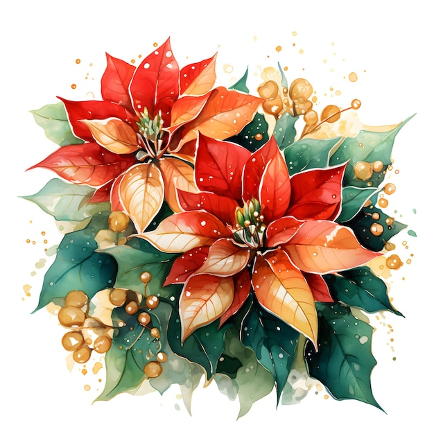 Watercolor poinsettia christmas flower isolated on white