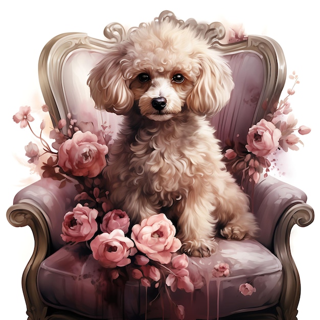 花のPクリパート2DフラットTシャツで飾られたベルベットアームチェアにポーズをとっているプードル犬の水彩画