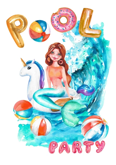 Watercolor pool party A brownhaired mermaid on an inflatable unicorn floats on a sea wave