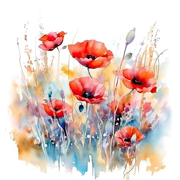 watercolor of a poppy field