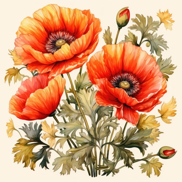 Watercolor poppy flowers background