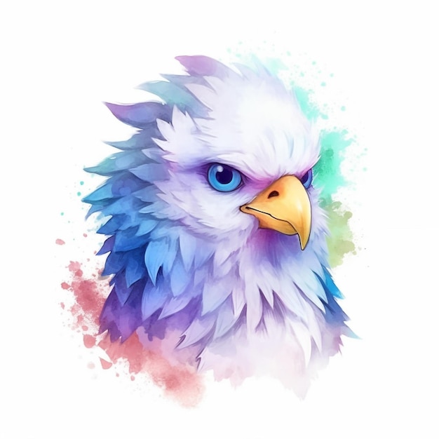 Watercolor portrait of a bald eagle with a blue eye.