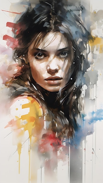 Watercolor portrait of a beautiful brunette young woman with splashes of color