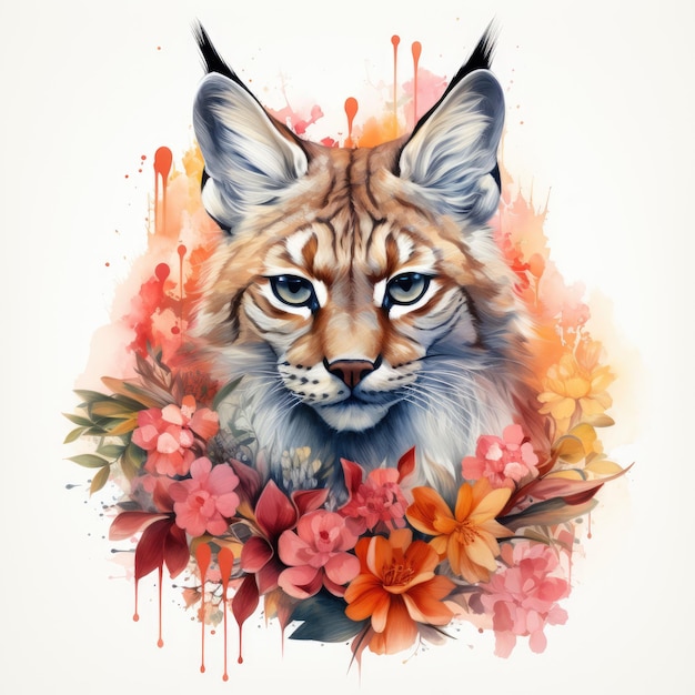 Watercolor portrait of a beautiful lynx with flowers and splashes Generative AI